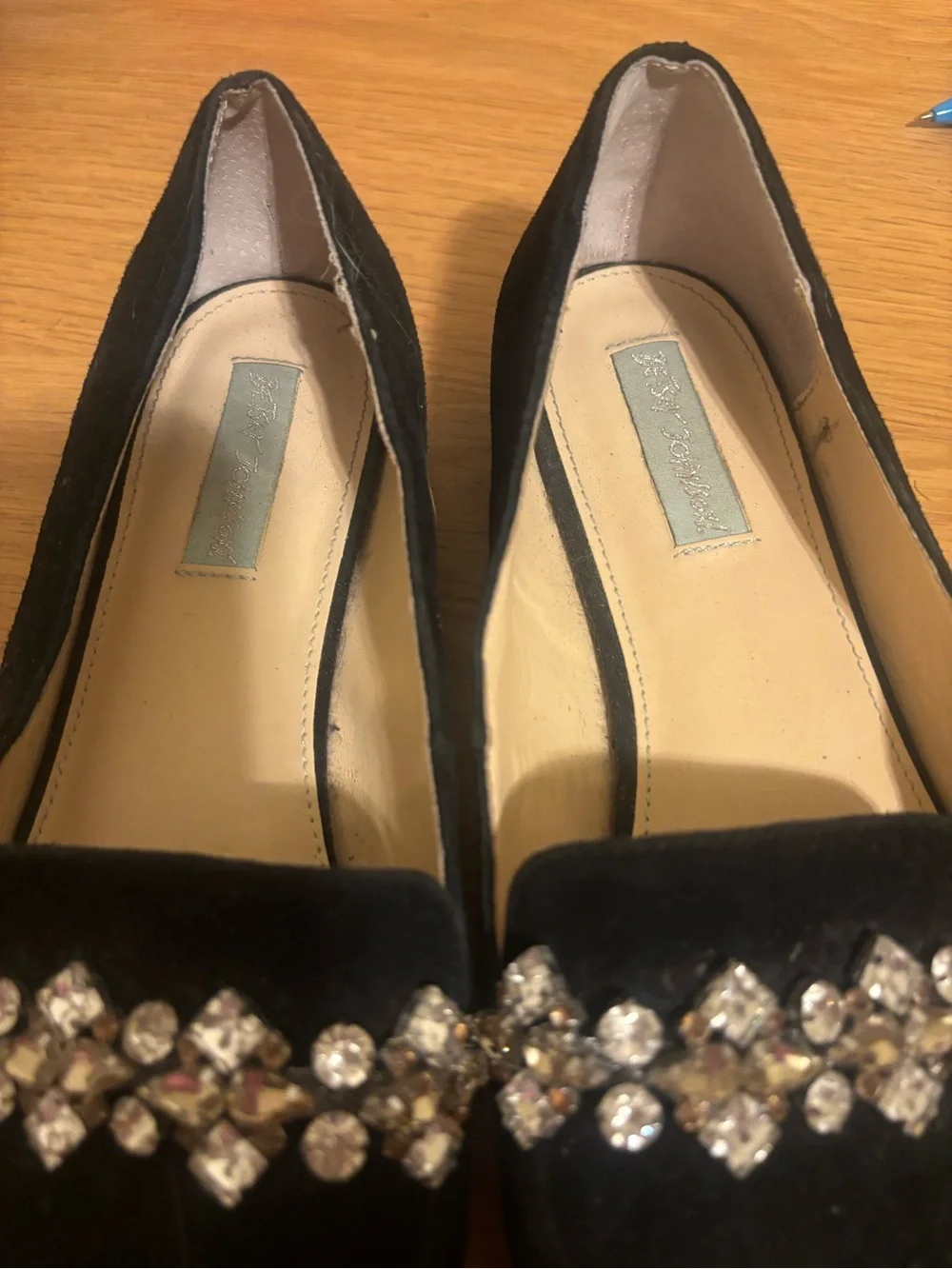 Betsey Johnson Black Pointed-Toe Flats with Crystal Embellishment